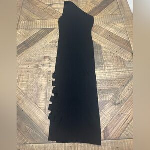 One-Shoulder Black Ribbed Knit Dress with Side Loop Detail